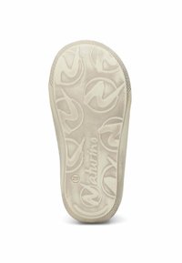 Krémová gumová podrážka obuvi s embosovaným logem a kruhovými vzory, se strukturami na okrajích pro lepivost a trvanlivost.