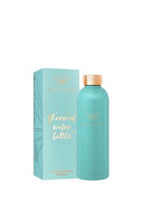 Roestvrijstalen thermosfles in turquoise met een matte afwerking. Voorzien van een gouden dop en een decoratieve verpakking met een vlinderontwerp.