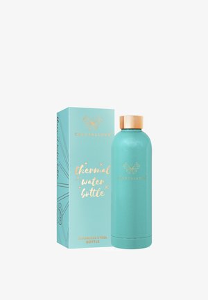 Roestvrijstalen thermosfles in turquoise met een matte afwerking. Voorzien van een gouden dop en een decoratieve verpakking met een vlinderontwerp.