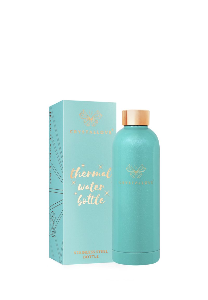 Roestvrijstalen thermosfles in turquoise met een matte afwerking. Voorzien van een gouden dop en een decoratieve verpakking met een vlinderontwerp.