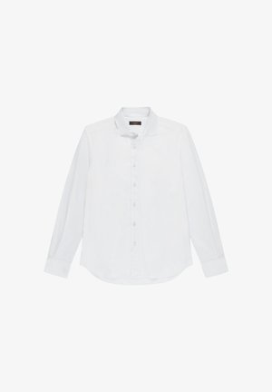 Biała koszula z długim rękawem z kołnierzykiem na guziki, o gładkiej fakturze i zaokrąglonym dole. Sześć guzików z przodu ułożonych wzdłuż środka.