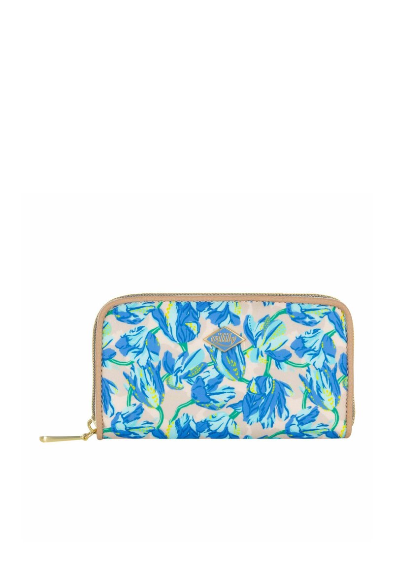 Billetera con patrón floral azul, con un ribete beige en la cremallera y herrajes en tono dorado. Fabricada con material duradero, cuenta con una placa de marca en la parte frontal.