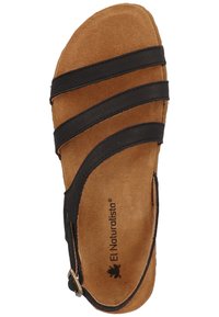 Black leather sandal with three horizontal straps, brown suede insole, ankle buckle, and rounded toe design; casual and comfortable.