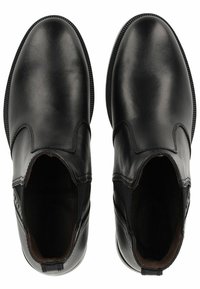 Black leather ankle boots with a smooth finish, elastic side panels, rounded toes, and a textured sole for grip.