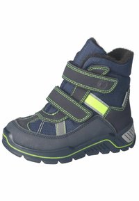 Botas altas de color azul marino con acentos verdes, material sintético, cintas de velcro, cuello acolchado y suela texturizada para mayor agarre.