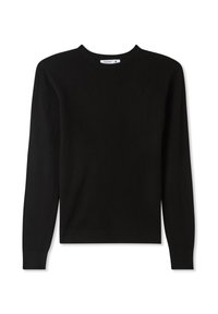 Maglione nero girocollo realizzato in morbido materiale a maglia. Presenta maniche lunghe e polsini a coste, offrendo un design classico e versatile.