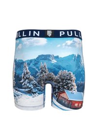 Boxers pour hommes avec un imprimé de paysage bleu comportant des montagnes enneigées et un chalet, taille élastique et texture de tissu lisse.