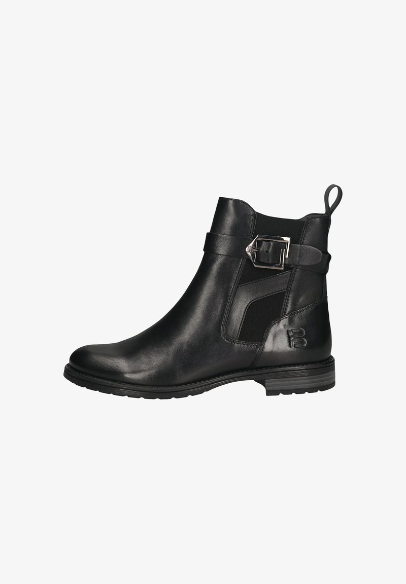 Schwarze Lederstiefelette mit elastischen Seitenelementen, Schnalle und strukturiertem Sohlen. Mit einer Zuglasche für einfaches Anziehen.