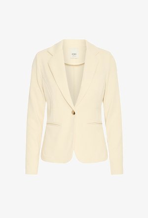 Blazer couleur crème en tissu texturé, doté d'une fermeture à un bouton, de revers crantés et de deux poches avant.
