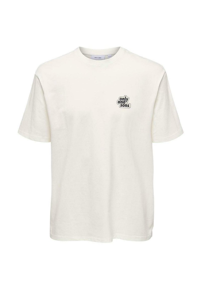 Camiseta de algodón blanca con mangas cortas y un escote redondo. Presenta un pequeño logotipo gráfico negro en el área del pecho izquierdo.