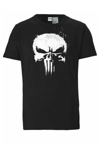 Black cotton t-shirt featuring a large, white distressed skull graphic on the front, with splatter details around the design.