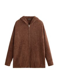 Hnedá mikina na zips z mäkkej, textúrovanej tkaniny s voľným strihom a kapucňou. Má dlhé rukávy a žiadne viditeľné vzory.