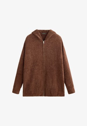 Brauner Hoodie mit Reißverschluss aus weichem, strukturiertem Stoff, locker geschnitten und mit Kapuze. Er hat lange Ärmel und keine sichtbaren Muster.