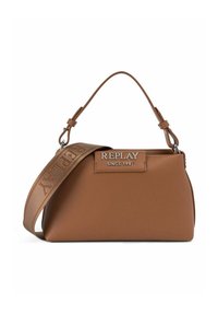 Sac à main synthétique marron, de forme structurée, avec une anse supérieure et une sangle détachable arborant le logo "REPLAY" en métal argenté.