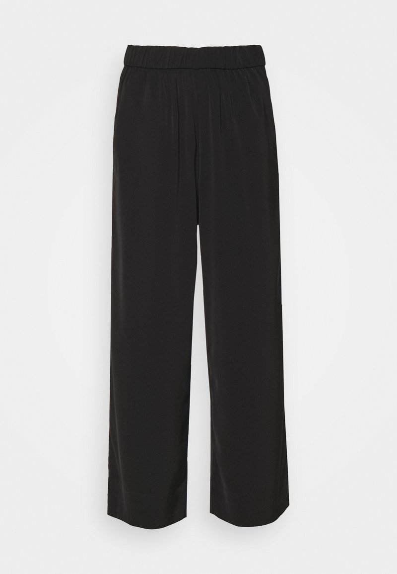 Pantalon noir ample avec une taille élastique et des jambes larges et droites sur un fond blanc uni.