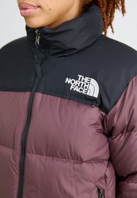 Personne portant une doudoune bicolore bordeaux et noire avec un col zippé et le logo « The North Face » sur la poitrine.