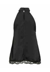 Μαύρο αμάνικο τοπ με halter neck, άνοιγμα στην πλάτη και δαντελένιο τελείωμα.