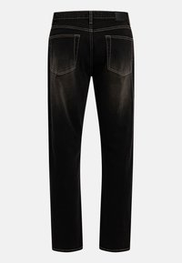 Μαύρα τζιν υφάσματος denim με ευθεία εφαρμογή, διακοσμημένα με ανοιχτόχρωμα ραφές, δύο πίσω τσέπες και κλασικό σχεδιασμό μέσης.