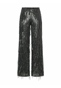 Zwarte brede pantalon met een design van pailletten franjes, voorzien van een nauwsluitende tailleband en een gestructureerd oppervlak dat licht weerkaatst.