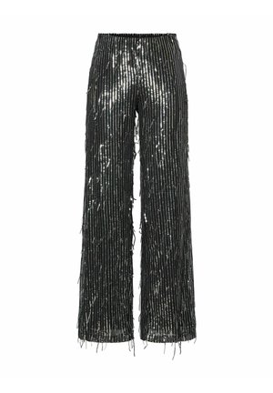 Zwarte brede pantalon met een design van pailletten franjes, voorzien van een nauwsluitende tailleband en een gestructureerd oppervlak dat licht weerkaatst.