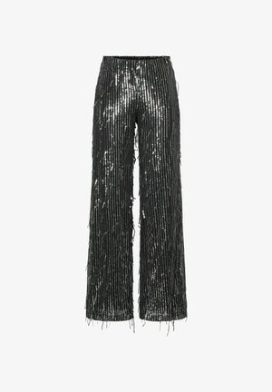 Zwarte brede pantalon met een design van pailletten franjes, voorzien van een nauwsluitende tailleband en een gestructureerd oppervlak dat licht weerkaatst.