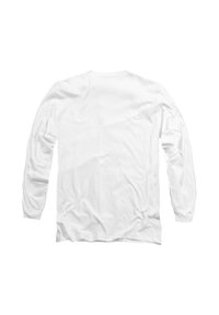Langärmliges weißes Baumwoll-T-Shirt mit Rundhalsausschnitt, glatter Textur und ohne sichtbare Grafiken oder Muster auf der Rückseite.