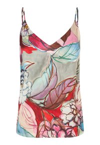 Camisole s cvjetnim uzorkom s V-izrezom, sa višebojnim dizajnom lišća i cvijeća na svijetloj podlozi, izrađen od mekog materijala.