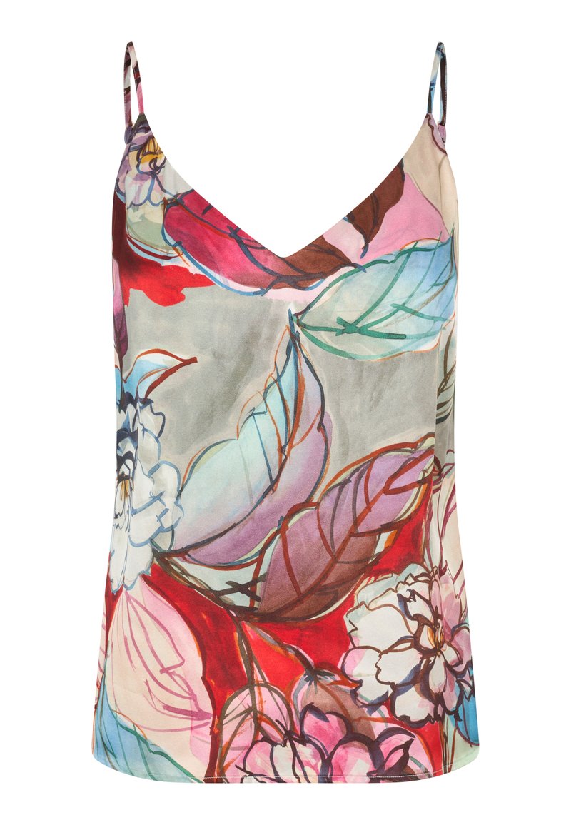 Camisole s cvjetnim uzorkom s V-izrezom, sa višebojnim dizajnom lišća i cvijeća na svijetloj podlozi, izrađen od mekog materijala.