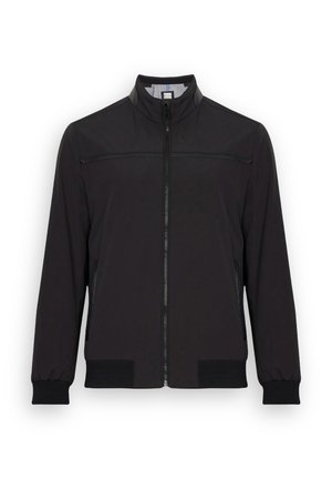 Giacca nera in tessuto liscio, con colletto alto, zip frontale, tasche laterali e polsini a coste. Design minimalista con accenti a contrasto.