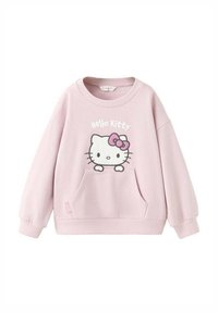 Hanorac roz cu buzunar frontal și un grafic Hello Kitty cu o fundă. Confecționat dintr-un material moale, cu manșete și tiv striate.