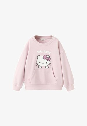 Hanorac roz cu buzunar frontal și un grafic Hello Kitty cu o fundă. Confecționat dintr-un material moale, cu manșete și tiv striate.