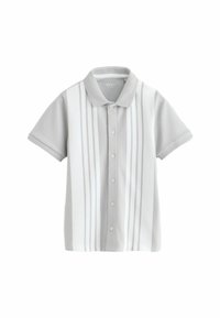Kortærmet polo shirt i lys grå med lodrette hvide striber, knaplukning foran og krave. Blød, glat stoftekstur.