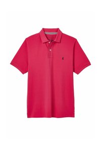 Červené polo tričko s krátkým rukávem a límečkem, se dvěma knoflíky, s malým černým vyšitým logem na levé části hrudi.