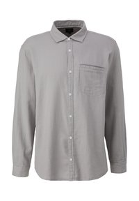 Lichtgrijs longsleeve shirt van een zachte, gestructureerde stof. Heeft een knoopsluiting aan de voorkant, een kraag en een enkel borstzakje.