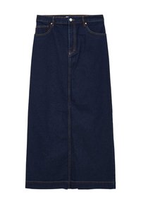 Gonna di jeans blu scuro, con taglio dritto, chiusura frontale con bottone e cuciture arancioni a contrasto lungo le cuciture.