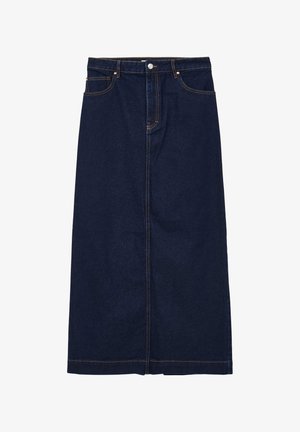 Gonna di jeans blu scuro, con taglio dritto, chiusura frontale con bottone e cuciture arancioni a contrasto lungo le cuciture.