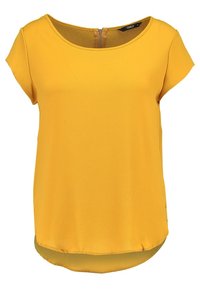Žlutá blůza s krátkým rukávem vyrobená z lehkého materiálu, s kulatým výstřihem a zipovým uzávěrem na zadní straně. Spodní lem se mírně zakřivuje vzadu.