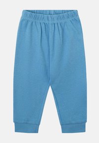 Pantalones infantiles de algodón de color azul claro, con cintura elástica y puños acanalados. La tela tiene una textura suave y un color uniforme.