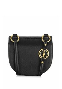 Czarna skórzana torebka o fakturowanym wykończeniu, zaokrąglonym kształcie, złotych akcentach i regulowanym pasku. Zawiera okrąły detal z logo.