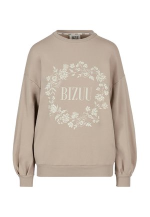 Beżowa bluza na długi rękaw z okrągłym dekoltem, z prążkowanymi mankietami i dołem, zdobiona białym wieńcem kwiatowym z napisem "BIZUU" na środku.