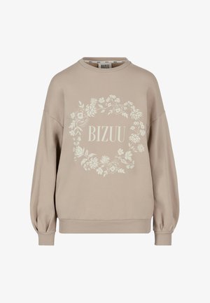 Beige sweatshirt met lange mouwen en ronde hals, met geribbelde manchetten en zoom, voorzien van een witte bloemenkrans en het woord "BIZUU" in het midden.