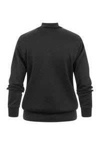 Pull-over noir à manches longues avec un col montant et des poignets côtelés, présenté de dos sur un fond blanc.