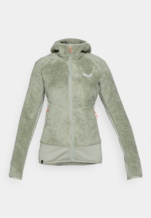 Fleece bunda v tlmenej zelenej farbe so zipsom vpredu, kapucňou, textúrovaným telom, hladkými rukávmi a oranžovými zipsovými detailmi. Logo na hrudi.