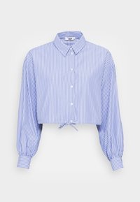 Cropped blue and white striped blouse with a collar, button front, and voluminous long sleeves with a tie at the waist. Smooth fabric texture.