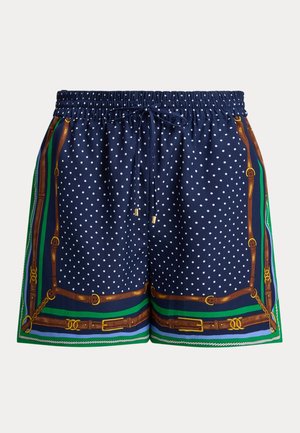 Σκούρο μπλε σορτς με λευκές πουά, ελαστική μέση, κορδόνι και διακοσμητικό περίγραμμα με καφέ ζώνες και πράσινες λεπτομέρειες.