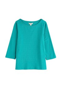 Turkos långärmad t-shirt med rundad halsringning, tillverkad av ett mjukt material, med en avslappnad passform och sidoklipp i fållen.