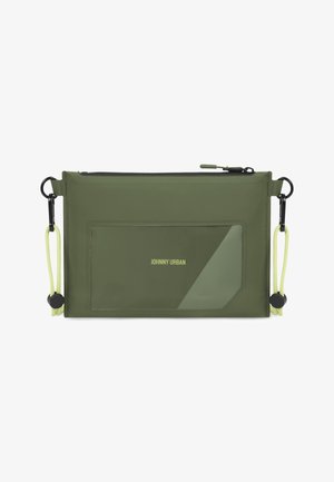 Oliwkowa wodoodporna torba z zapięciem na zamek, przezroczystą kieszenią i żółtymi akcentami. Wyposażona w pasek i klips dla większej wszechstronności.