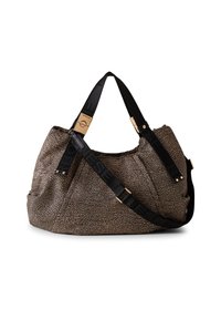 Borsa tote grande realizzata in un materiale marrone testurizzato, con manici neri e dettagli metallici. Presenta un design morbido e una tracolla regolabile.
