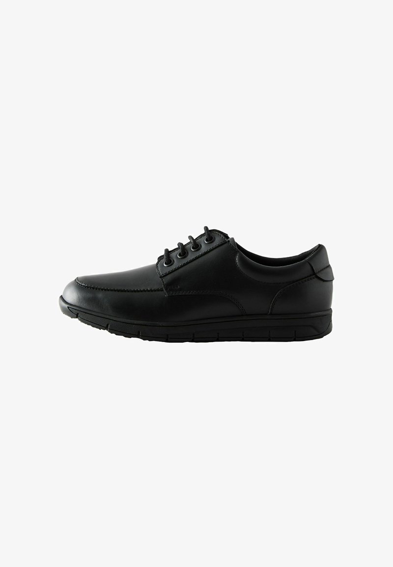 Black leather shoe with a rounded toe, five eyelet lace-up design, and a textured rubber sole for grip and cushioning.