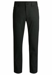 Pantalons noirs à jambes droites en tissu texturé. Dotés de poches standard, d'une fermeture à bouton et de passants de ceinture. Design simple, sans motifs.